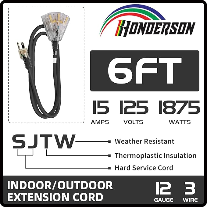 3-Outlets Indoor Outdoor Extension Cord Weatherproof - Image 2