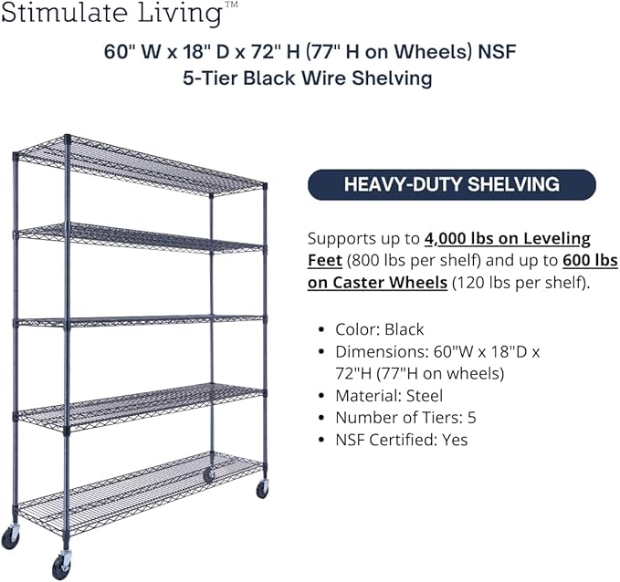 60"x18"x72" Prime Heavy Duty Black 5-Tier Wire Shelving NSF 4000 LBS MAX - Image 4
