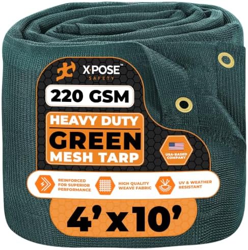 Xpose Safety Heavy Duty Green Mesh Tarp 4' x 10' – 70% Sunblock Shade Cloth with Grommets for Garden, Fence, Privacy Screen, Canopies, Dump Trucks, Pool Cover – Tear & Weather Resistant by XposeSafety