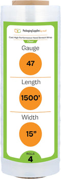 PSBM Stretch Wrap for Packing, 4 Pack of 15 Inch x 1500 Feet, 47 Gauge by PackagingSuppliesbymail