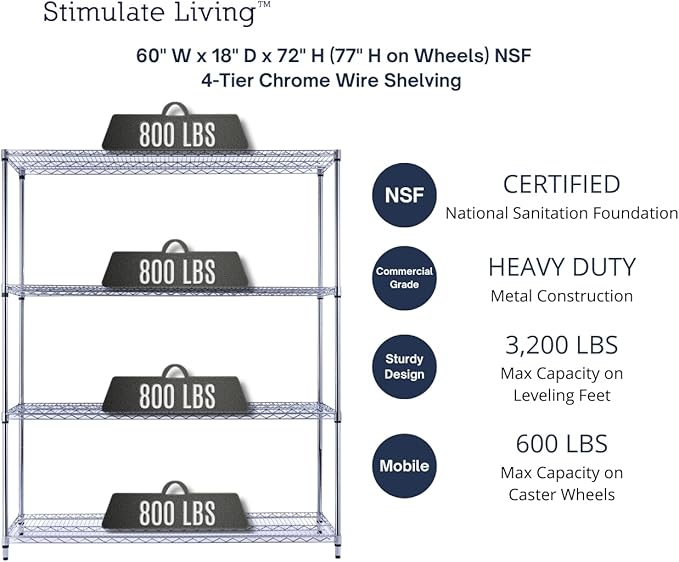 60"x18"x72" Prime Heavy Duty Chrome 4-Tier Wire Shelving NSF 3200 LBS MAX - Image 3