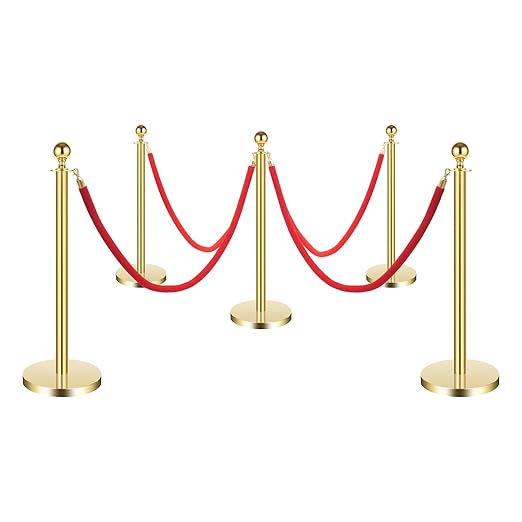 6Pcs Gold Stanchion Posts with Red Velvet Ropes, Crowd Control Barriers by KREIAOER