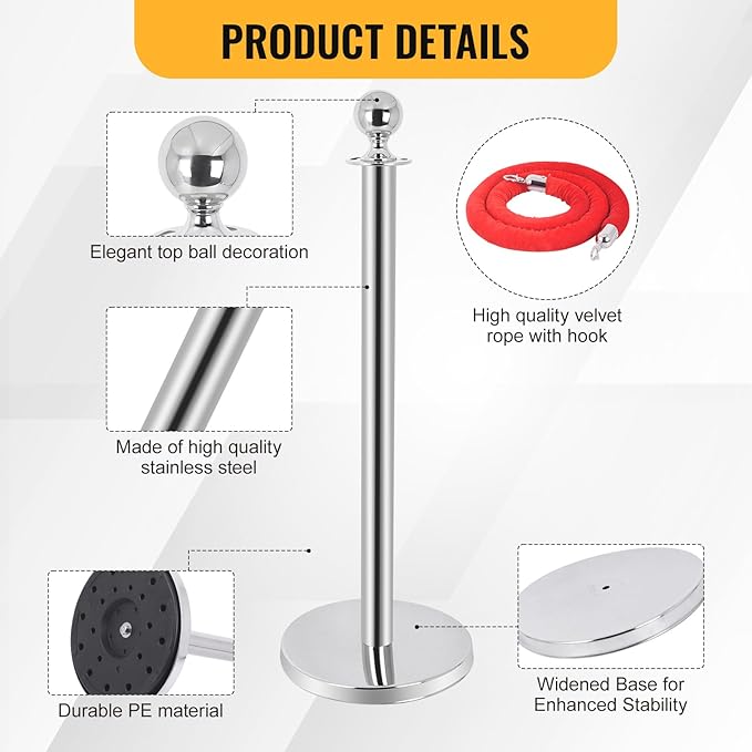 6PCS Stainless Steel Stanchions Post w/ 4 Red Velvet 5ft Carpet Ropes - Image 5