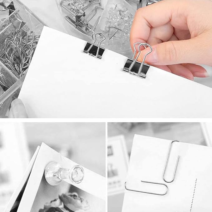 Silver Binder Clips and Paper Clips Push Pins Tacks Sets, Total 72 PCS Assorted - Image 6