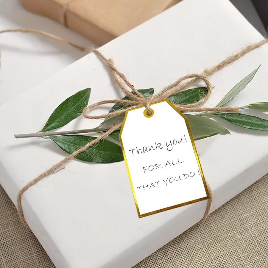 100Pcs Gold Gift Tags with String Attached Foil Gold Frame Large White Paper Gift Tags Presents with 65 Ft Jute Twine for Christmas Holiday Baby Shower Wedding Birthday Gift Wrap Tags - Image 7