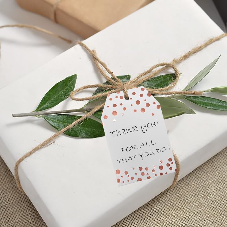 100Pcs Rose Gold Gift Tags with String Attached, ASYEHJNR Foil Rose Gold Dot Large Gift Bag Tags Presents with 65 FT Jute Twine, White Paper Gift Tags for Baby Shower, Wedding, Birthday Gift Wrap Tags - Image 7