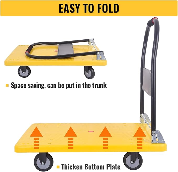 Hand Cart 660 lbs, Push Cart Dolly Yellow, Capacity Platform Truck Foldable - Image 6