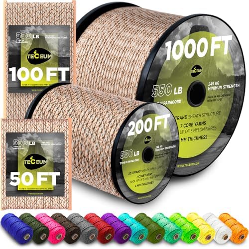 Paracord Rope 550 lb 4mm – Parachute Cord – Utility Camping Rope by TECEUM