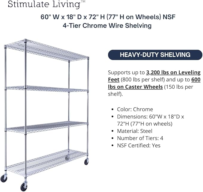 60"x18"x72" Prime Heavy Duty Chrome 4-Tier Wire Shelving NSF 3200 LBS MAX - Image 4