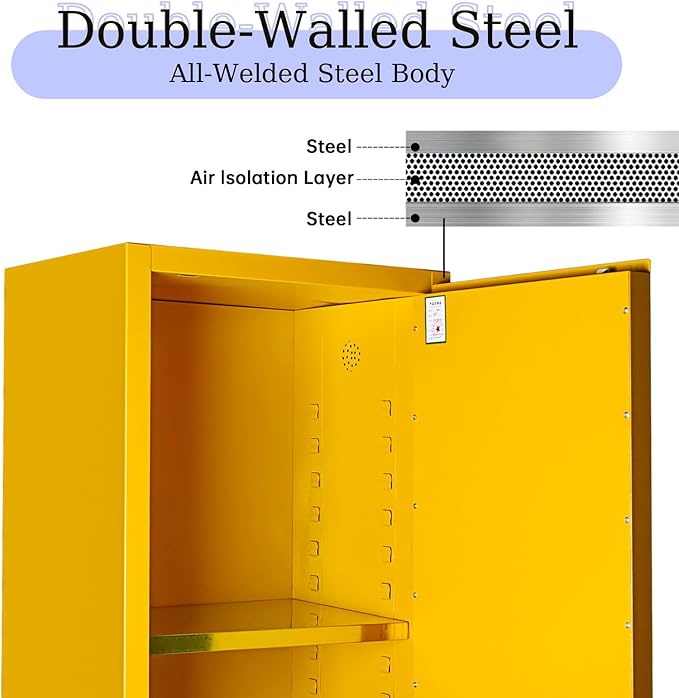 48 Gallon Yellow Flammable Storage Cabinet, Fireproof Steel Chemical Storage - Image 7