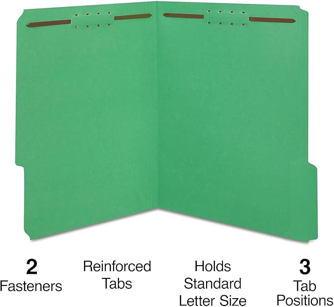 Staples Colored Reinforced Tab Fastener Folders Letter Size Green 50/Box - Image 2