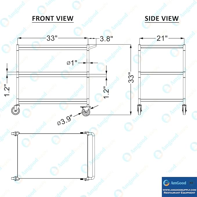 3 Shelf Stainless Steel Tubular Utility Cart | 21 in. Wide X 33 in. Long X 33 - Image 4