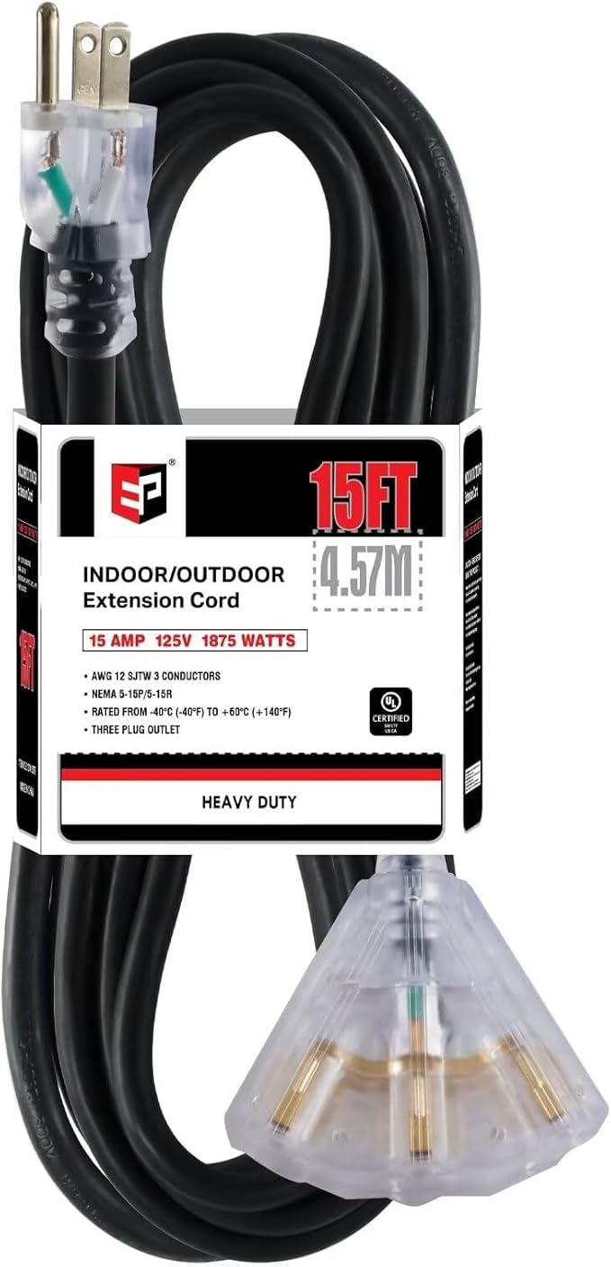 EP 15 Ft 12 Gauge Heavy Duty Extension Cord, 15A 125V 1875W, 3 Outlet by ENERGYPRO