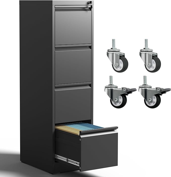 4 Drawer File Cabinet with Wheels, Metal Mobile Filing Cabinets with Lock by OPTYMIRA