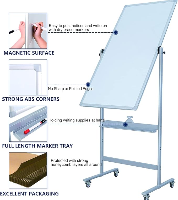 Magnetic Mobile Whiteboard 48x24-in 360° Reversible Two-sided White Board - Image 4
