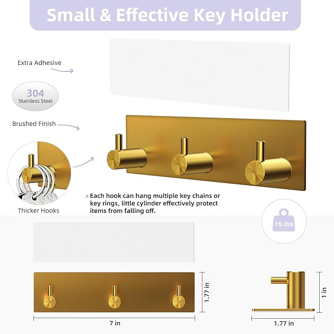 VIS'V Key Holder Wall Mount, Small Metal Self Adhesive Key Hanger - Image 3