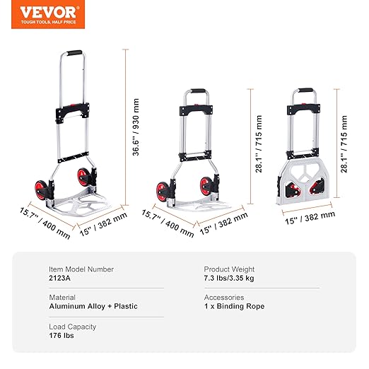 VEVOR Folding Hand Truck, 80 kg Load Capacity, Aluminum Portable Cart, - Image 8