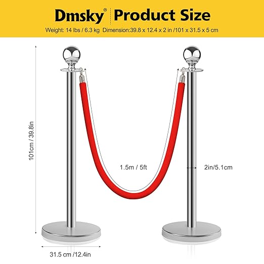 Stainless Steel Stanchion Post Queue, 5 ft Red Velvet Rope Red Carpet Ropes and - Image 2