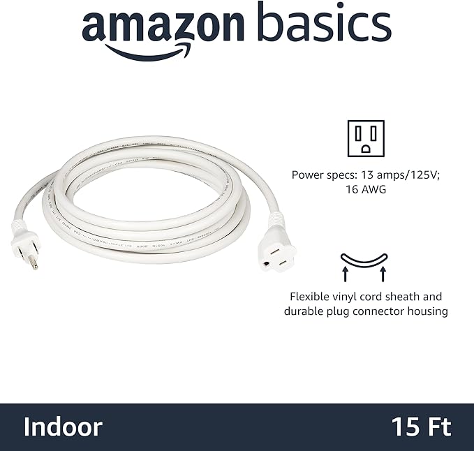 Amazon Basics Extension Cord, 15 Ft, 3 Prong Outlet Extender, Indoor Extension - Image 2