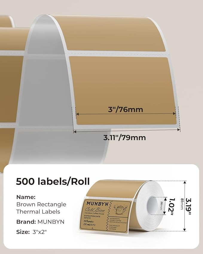 MUNBYN 3x2 Inch Brown Thermal Labels, Thermal Sticker Labels - Image 2