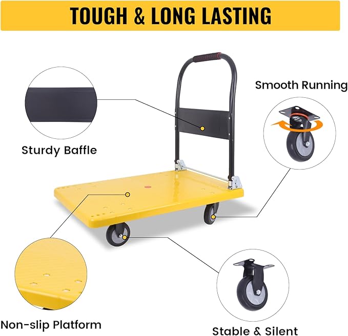 Hand Cart 660 lbs, Push Cart Dolly Yellow, Capacity Platform Truck Foldable - Image 4