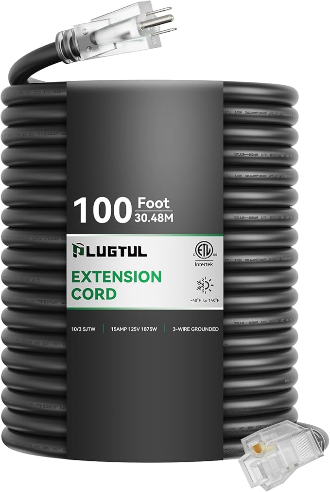 PLUGTUL 10 Gauge Extension Cord 100FT, Heavy Duty, 15A 1875W SJTW, ETL Listed by PLUGTUL