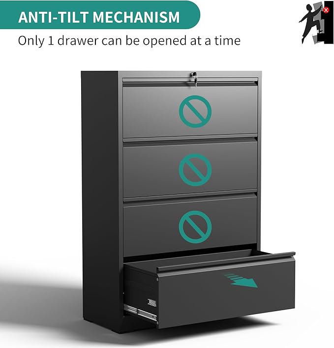 4 Drawer Lateral File Cabinet, Metal Filing Cabinets - Image 4