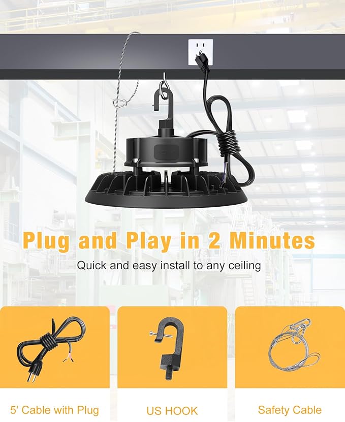 UFO LED High Bay Light 150W, 500LM 0-10V Dimmable, Hanging Hook, Safe Rope - Image 7