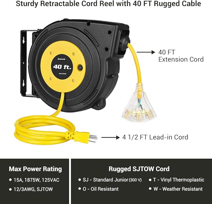 DEWENWILS 40FT Retractable Extension Cord Reel, Heavy Duty Power Cord Reel - Image 2
