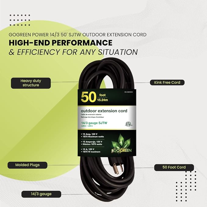 Go Green Power Inc. 14/3 50ft Black Outdoor Extension Cord - Image 5