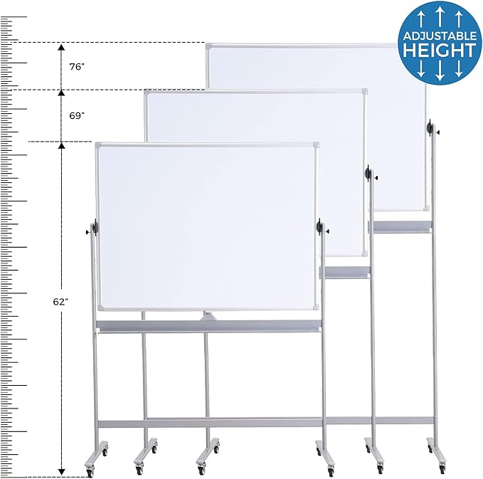 Large Double Sided Whiteboard 72x40 inches on Wheels, Height Adjustable Mobile - Image 2