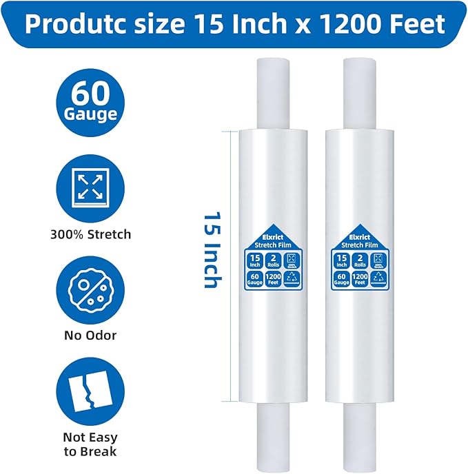 15in Stretch Wrap Roll with Handle, Heavy Duty 1200ft Shrink Wrap Roll - Image 2