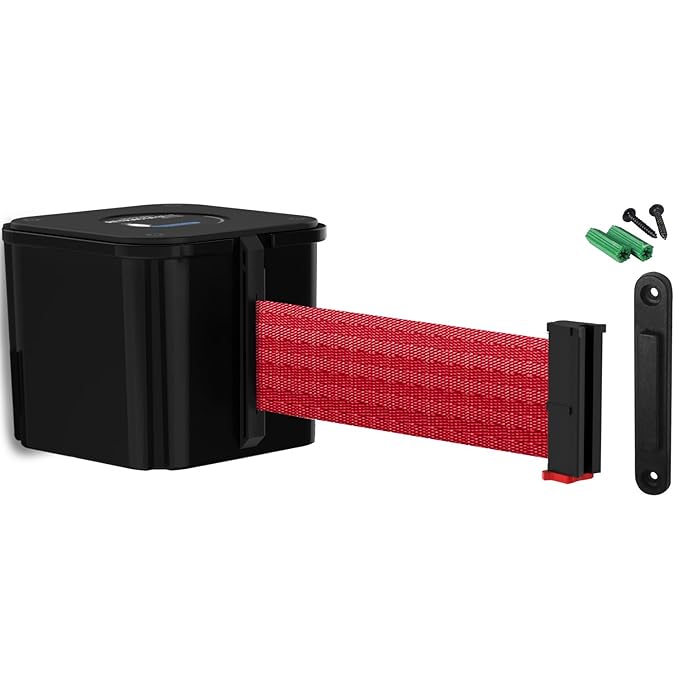 WM412 Retractable Belt Wall Mounted Smooth Black Crowd Control Barrier and by Visiontron