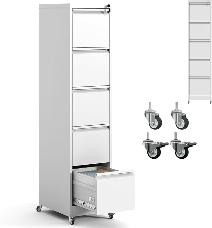 5 Drawer File Cabinet with Wheels, Metal Mobile Filing Cabinets with Lock by IKIMIMetalFurniture