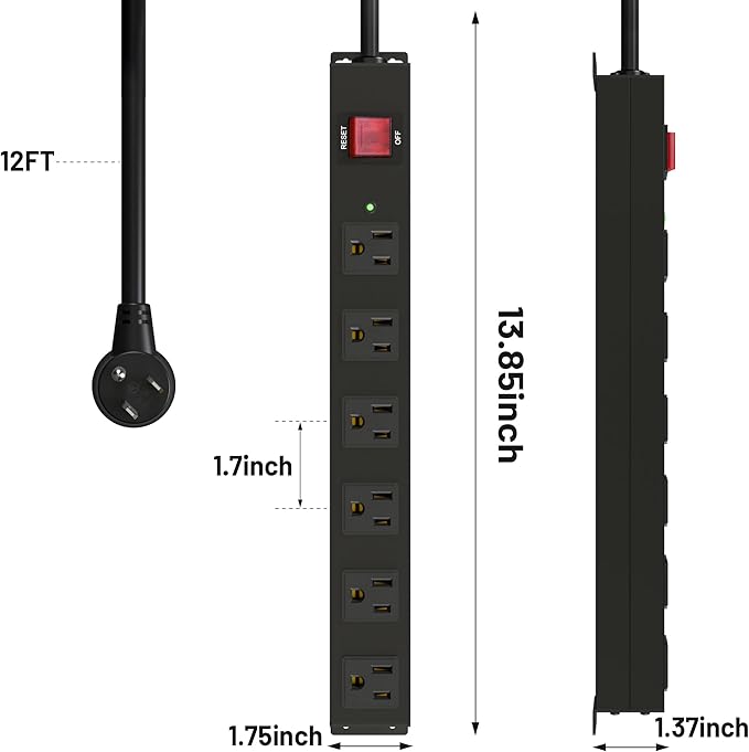 KF 6 Outlet Metal Wall Mount Power Strip, 2100J Surge Protection Heavy Duty - Image 5