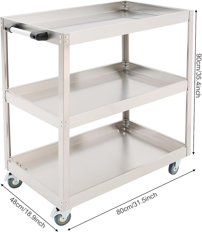 3-Tier Stainless Steel Utility Cart, 440lb Load-Bearing Heavy Duty Service Cart - Image 7