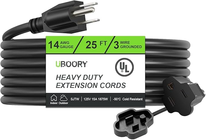 Outdoor Extension Cord Waterproof 25 FT, Flexible 100% Copper 3 Prong Extension by UBOORY