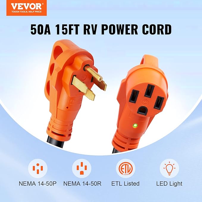 VEVOR 50 Amp RV Extension Cord, 15 ft, Heavy Duty STW 6/3+8/1 AWG RV Power Cord - Image 2