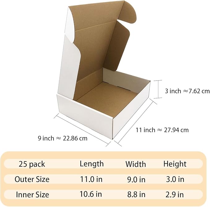 Shipping Boxes 11x9x3 inch Set of 25，White Corrugated Cardboard Box - Image 7