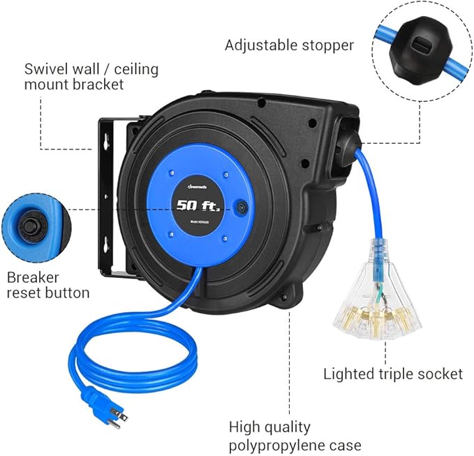 DEWENWILS Retractable Extension Cord Reel, 50 FT Heavy Duty Power Cord - Image 5