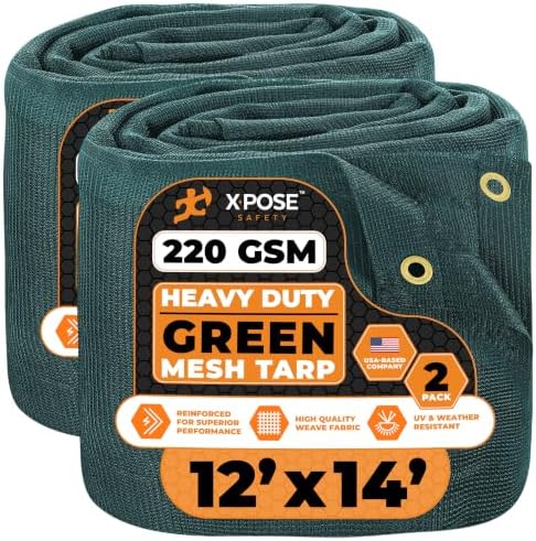 Xpose Safety Heavy Duty Green Mesh Tarp 12' x 14' (2-Pack) – 70% Sunblock Shade Cloth with Grommets for Garden, Fence, Privacy Screen, Canopies, Dump Trucks, Pool Cover – Tear & Weather Resistant by XposeSafety