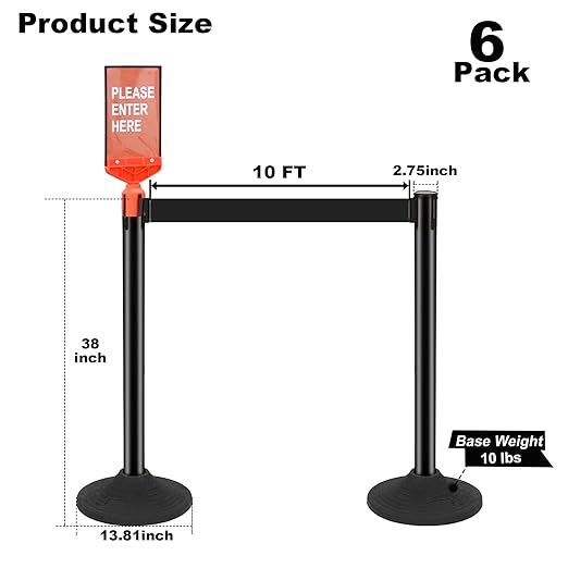6 Pack Black Stanchions with Retractable Belts - Image 2