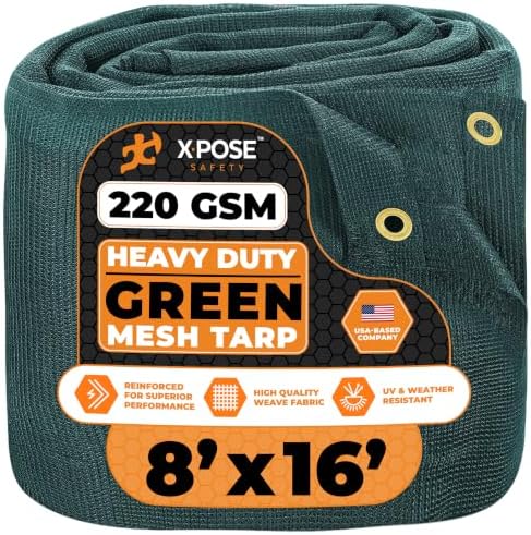 Xpose Safety Heavy Duty Green Mesh Tarp 8' x 16' – 70% Sunblock Shade Cloth with Grommets for Garden, Fence, Privacy Screen, Canopies, Dump Trucks, Pool Cover – Tear & Weather Resistant by XposeSafety