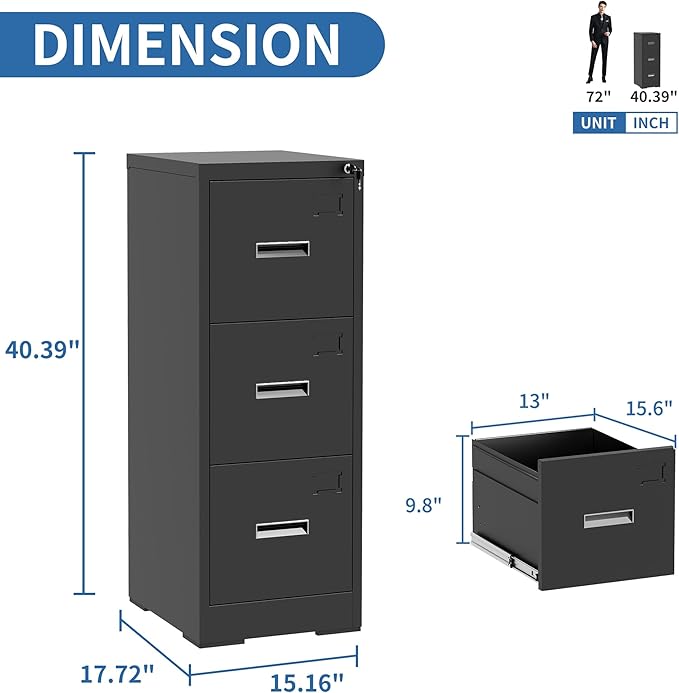 3 Drawer File Cabinet with Lock and Card Slot, Metal Vertical Filing Cabinets - Image 3