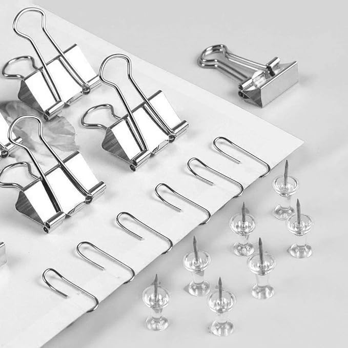 Silver Binder Clips and Paper Clips Push Pins Tacks Sets, Total 72 PCS Assorted - Image 4