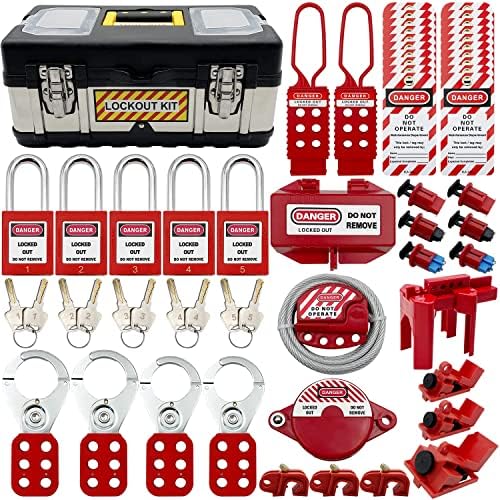 Lockout Tagout Kit - Clamp-On Circuit Breaker Lockout, Group Lockout Hasps, Lockout Tag, Universal Multi- Pole Breaker with Tool Box by SAFBY