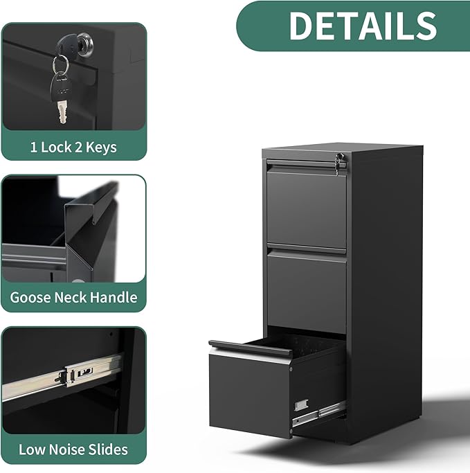 3 Drawer File Cabinet with Lock, Metal Vertical Filing Cabinets - Image 5