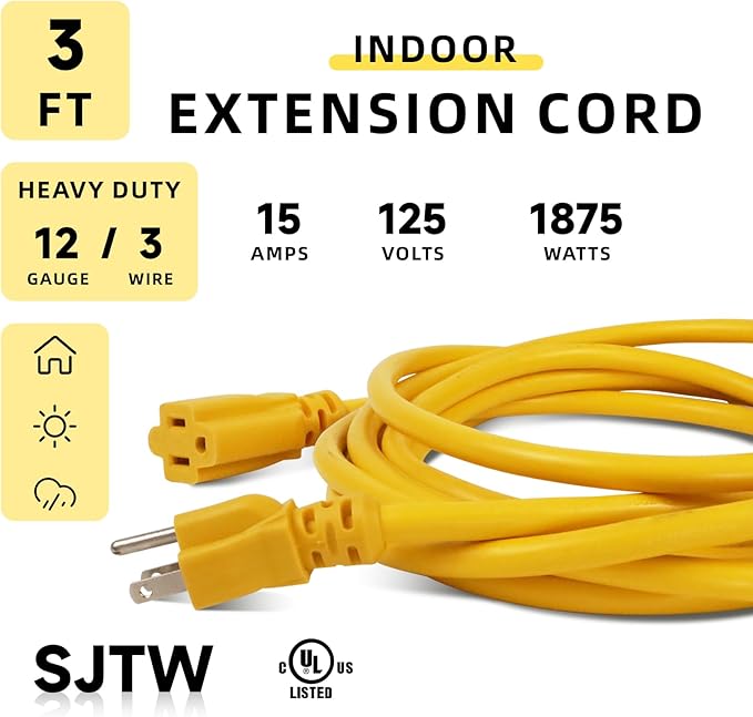 EP 3 Ft Outdoor Extension Cord, 12/3 SJTW Heavy Duty Extension Cable - Image 2
