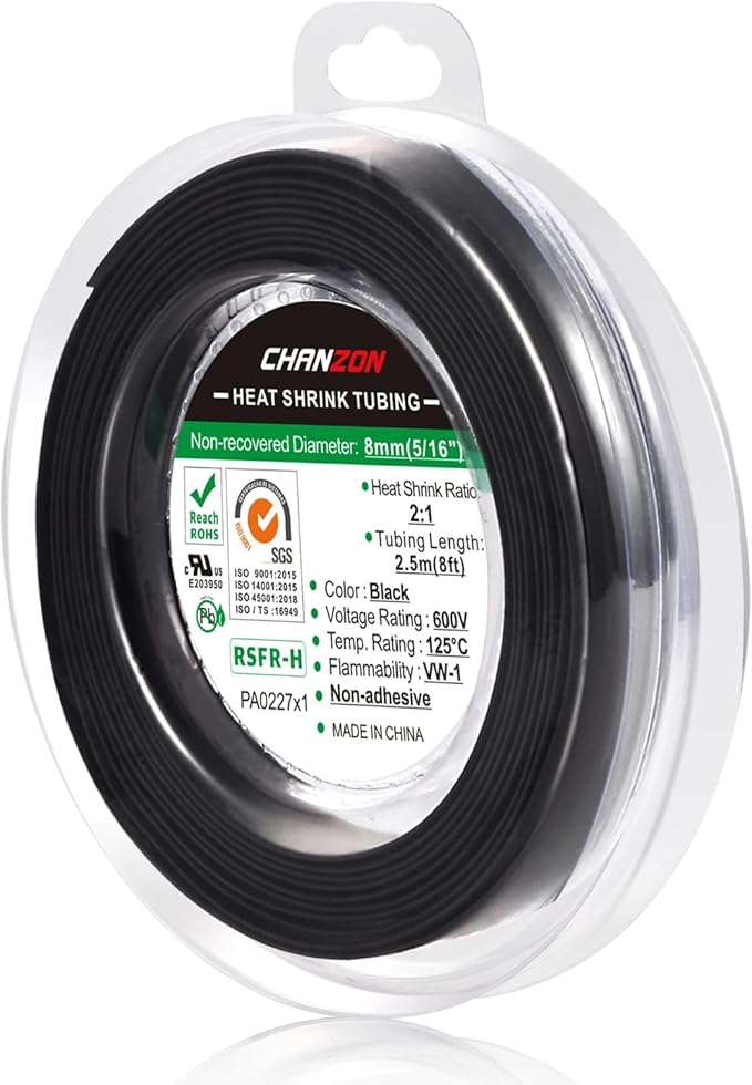 Chanzon 2:1 Ratio 5/16" Heat Shrink Tubing 8Ft Roll Black Polyolefin Sleeving by Chanzon