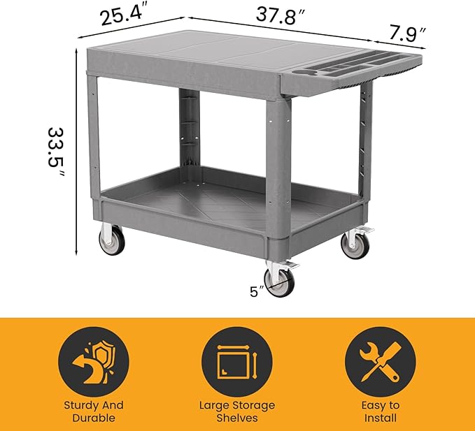 2-Tier Rolling Tool Cart, Heavy-Duty Plastic Service Cart - Image 4